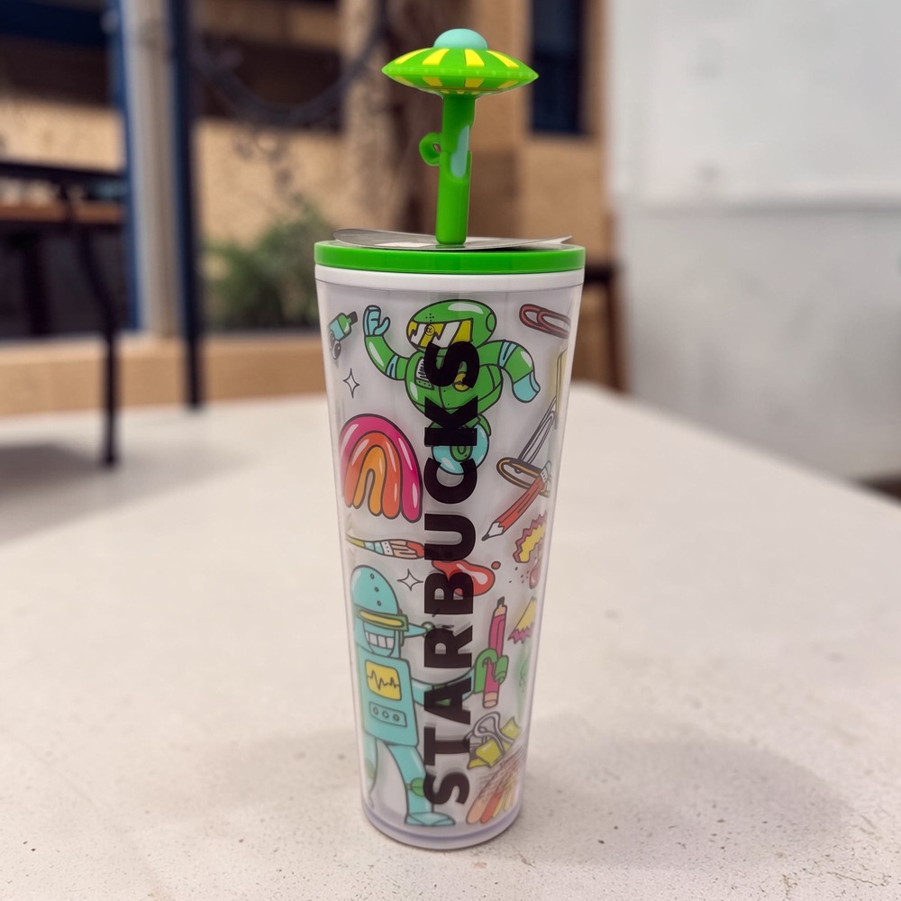 Starbucks Mexico 2024 Doodle Vibe Robot Tumbler 24oz Venti UFO Straw Topper NWT